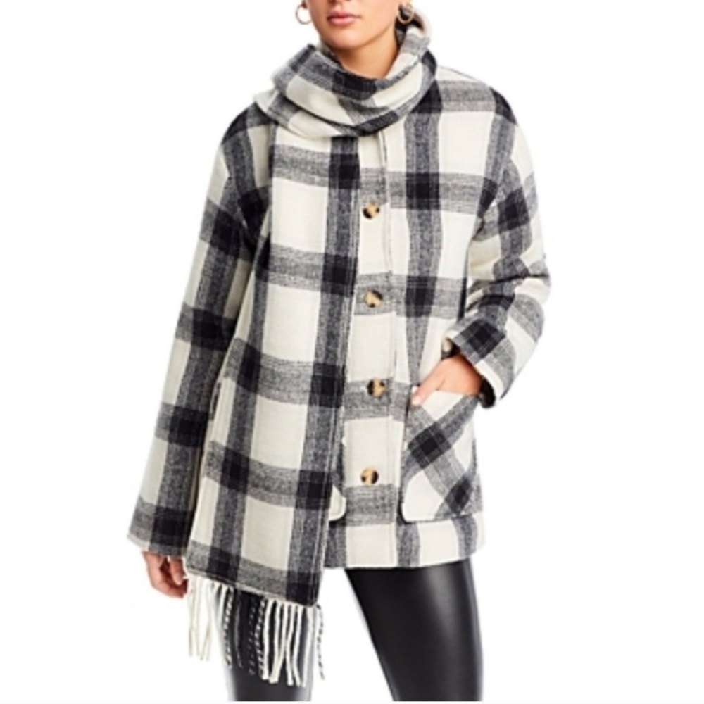 NWT Aqua Black and White Plaid Wool Blend Scarf Collar Womens Coat Size Small